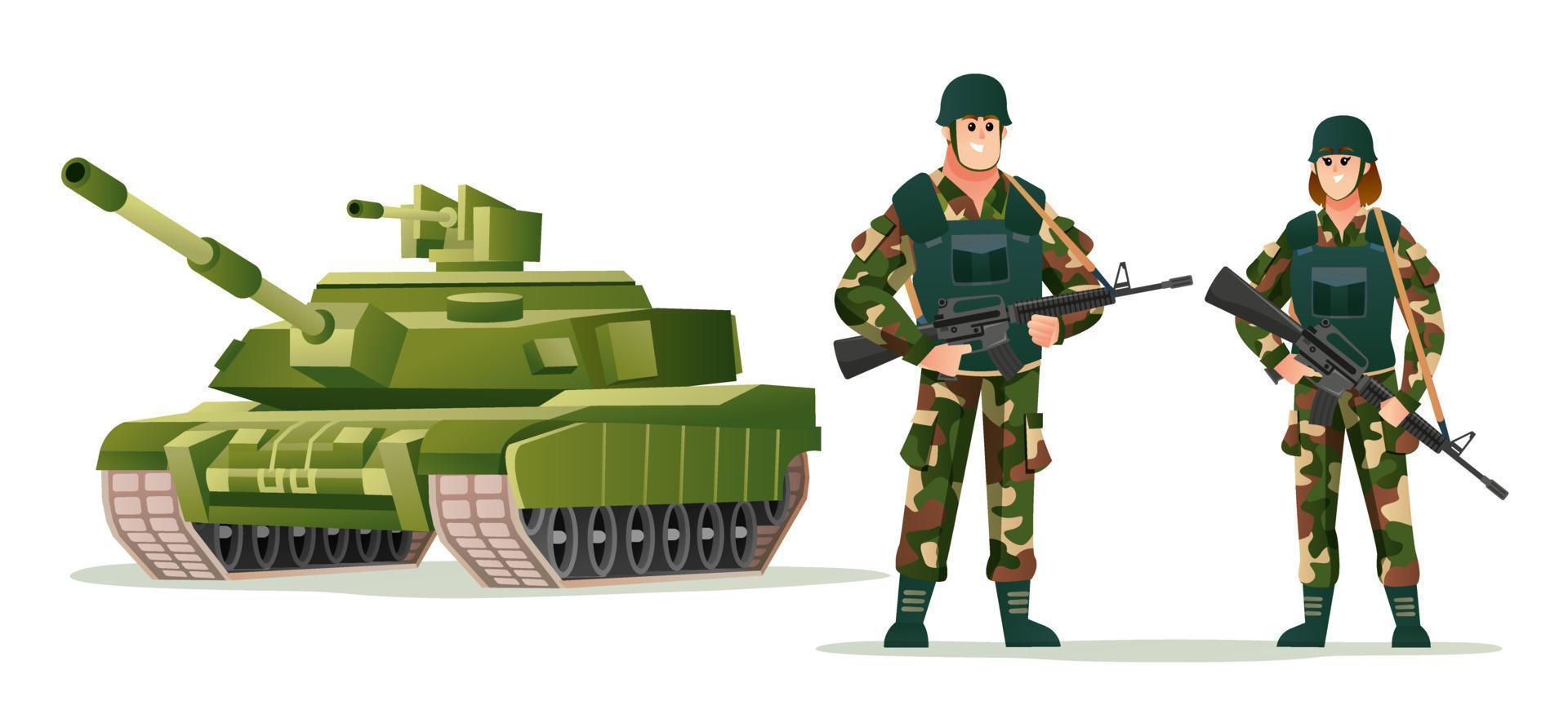 Man and woman army soldiers holding weapon guns with tank cartoon illustration vector