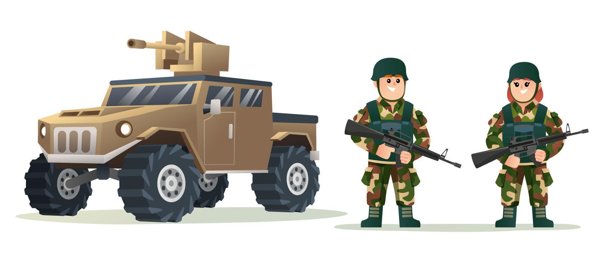 lindos soldados del ejército masculino y femenino sosteniendo armas con ilustración de dibujos animados de vehículos militares vector