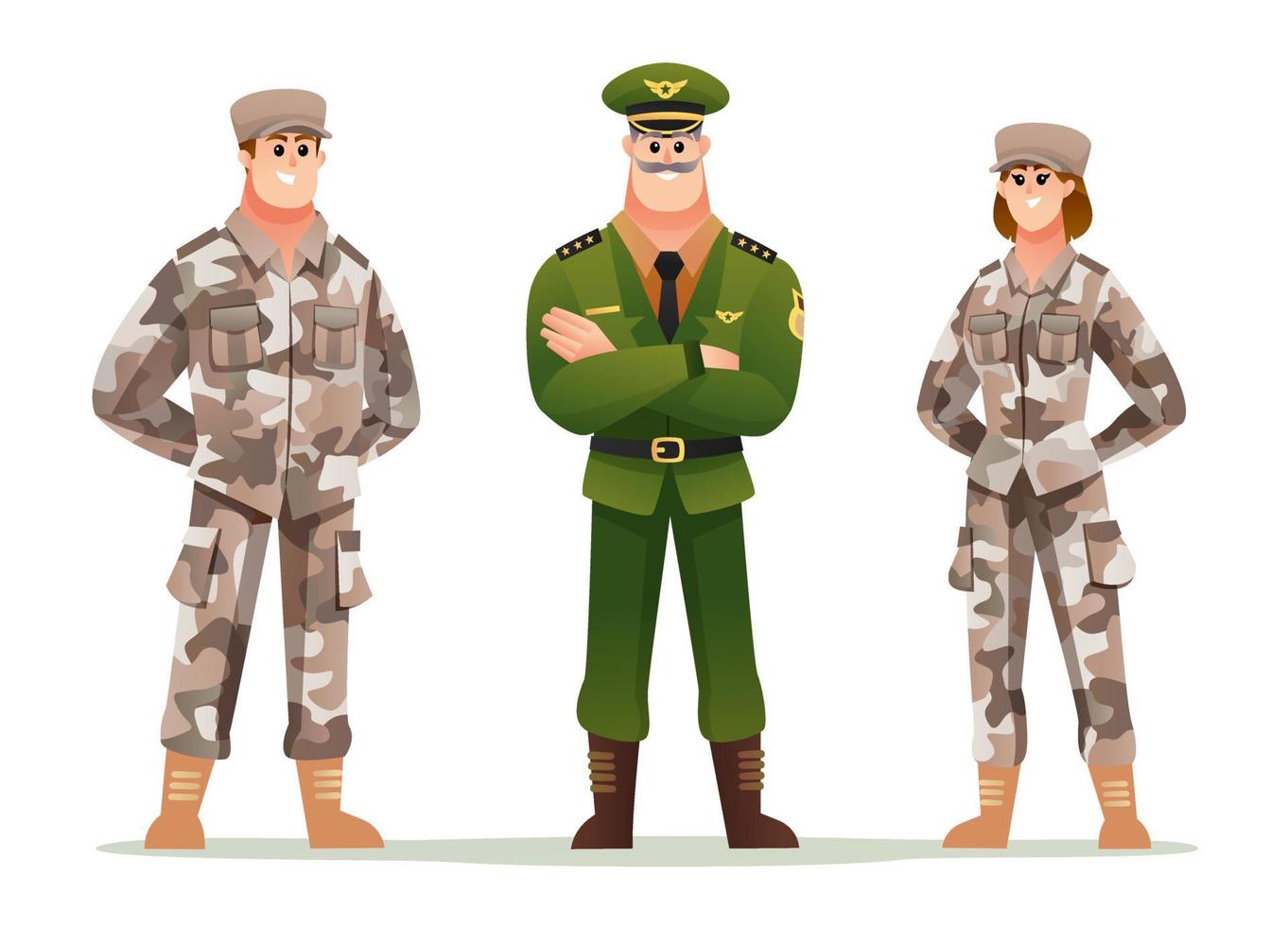 capitán del ejército con un conjunto de personajes de dibujos animados de soldados hombre y mujer vector