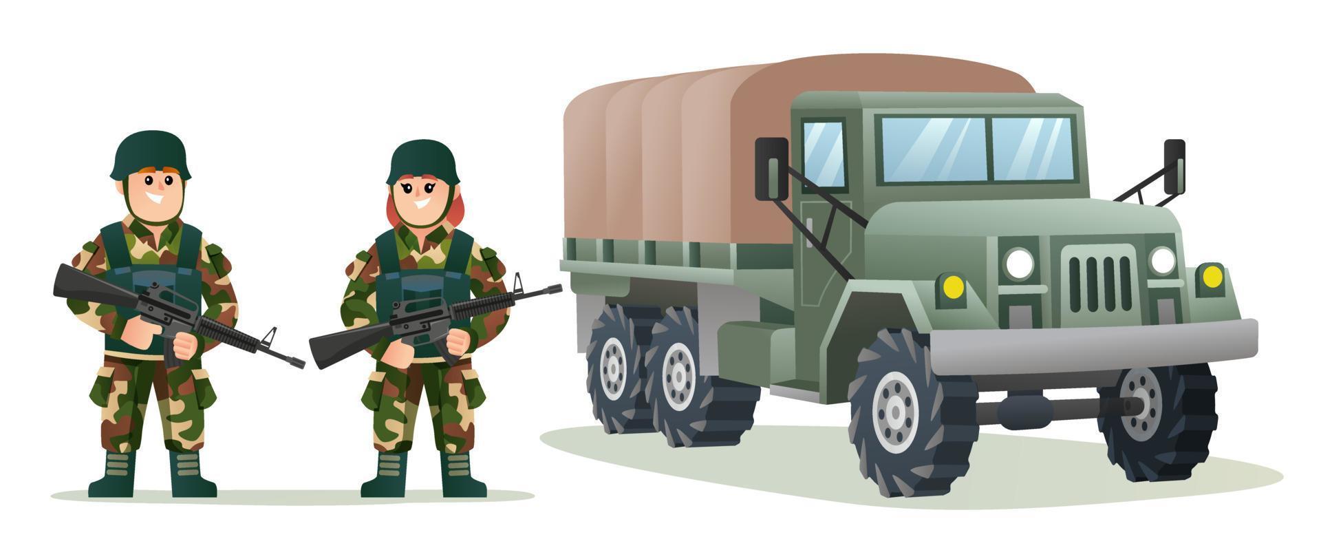 lindos soldados del ejército masculino y femenino sosteniendo armas con ilustración de dibujos animados de camiones militares vector