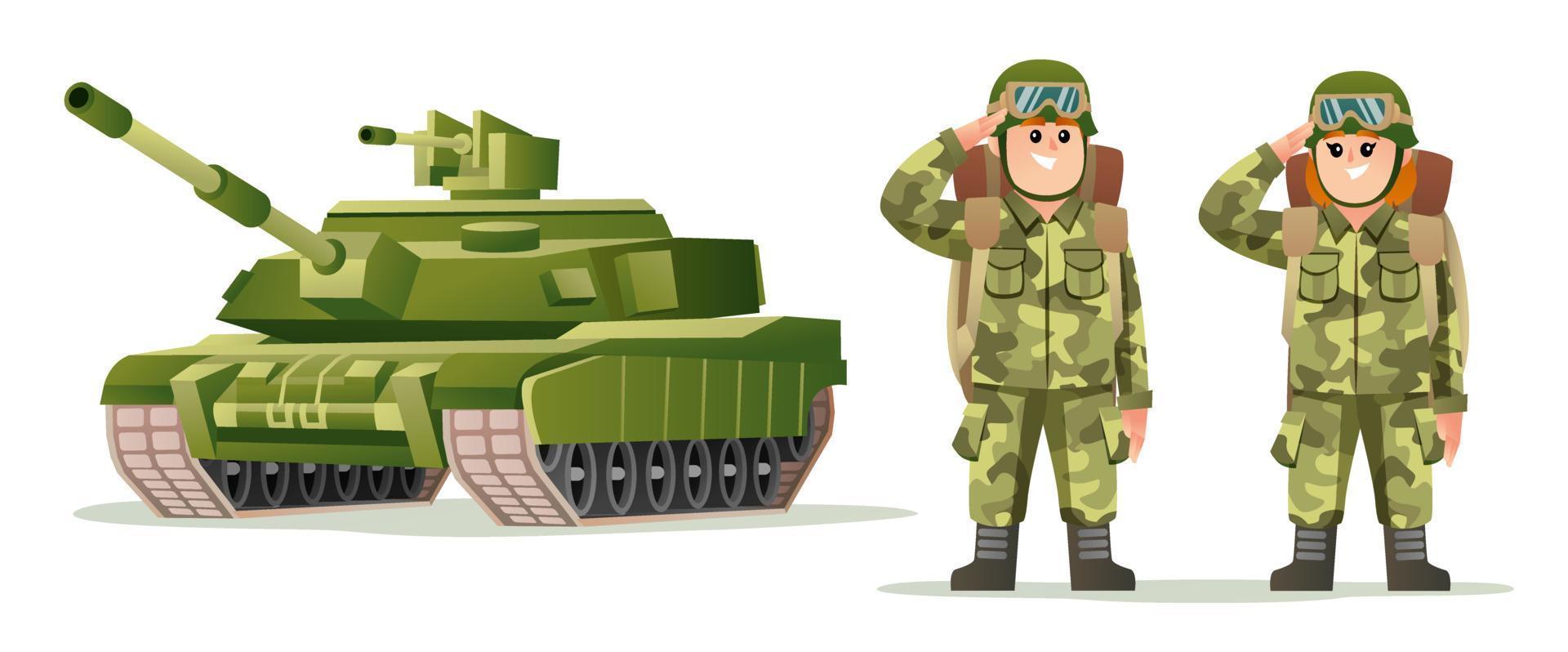 Cute male and female army soldier carrying backpack characters with tank cartoon illustration vector