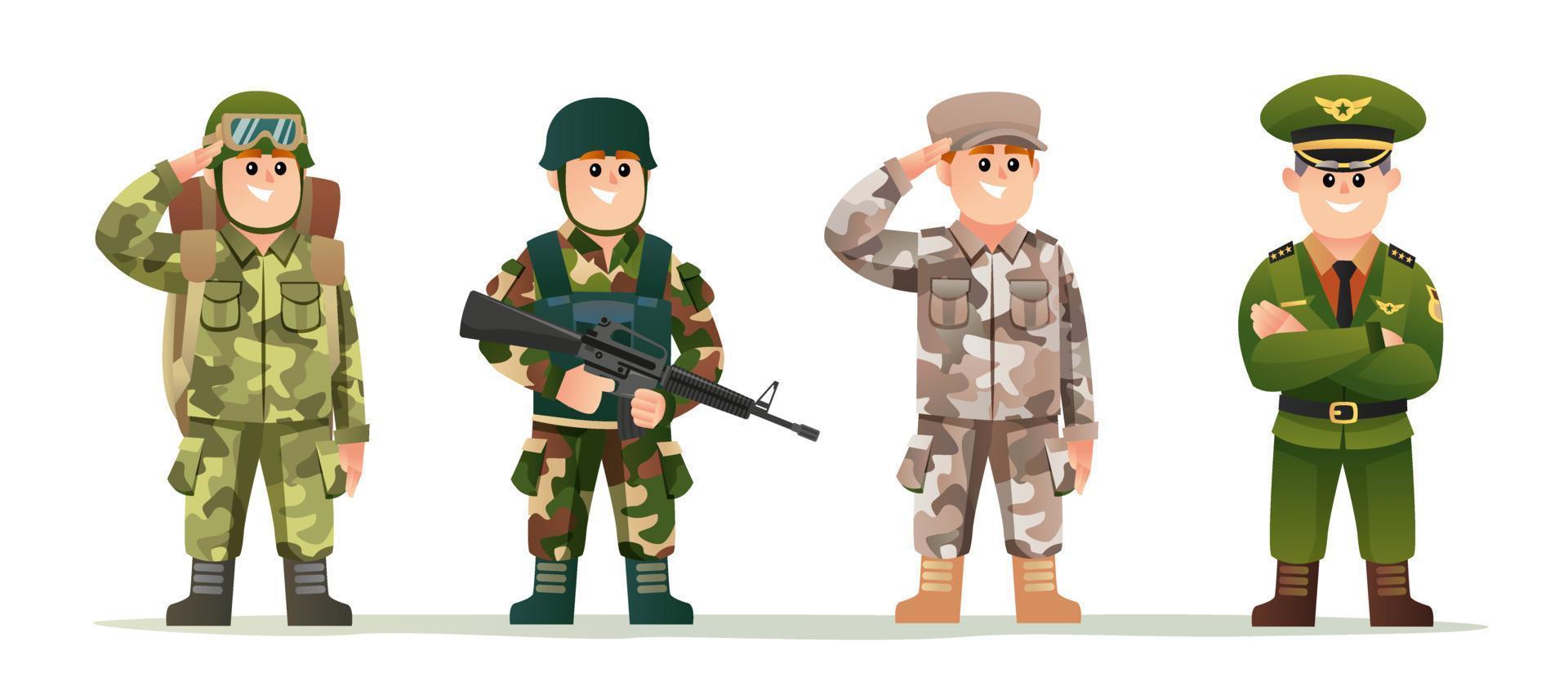lindo pequeño capitán del ejército con soldados en varios disfraces de camuflaje juego de caracteres vector