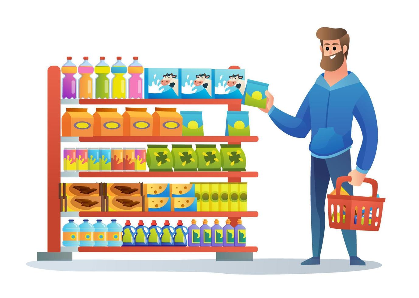 Happy man shopping at supermarket cartoon illustration vector