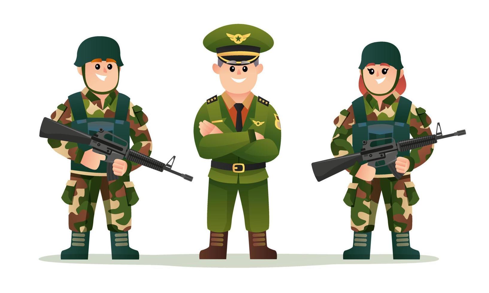 lindo capitán del ejército con niños y niñas soldados sosteniendo un juego de caracteres de armas vector