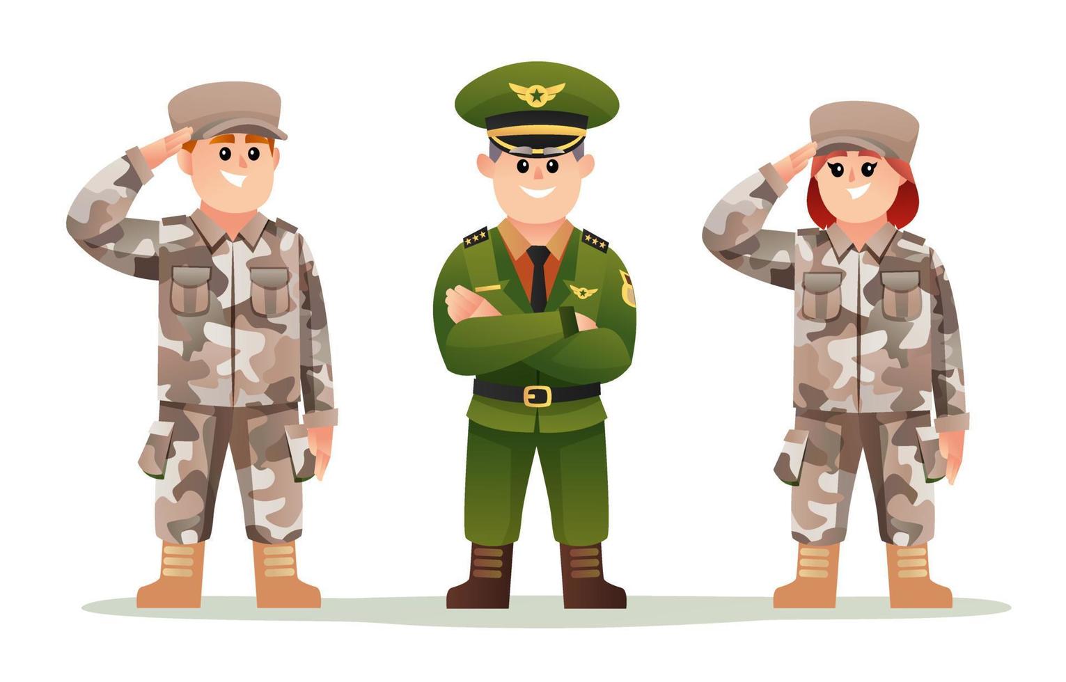 Cute army captain with boy and girl soldiers cartoon character set vector