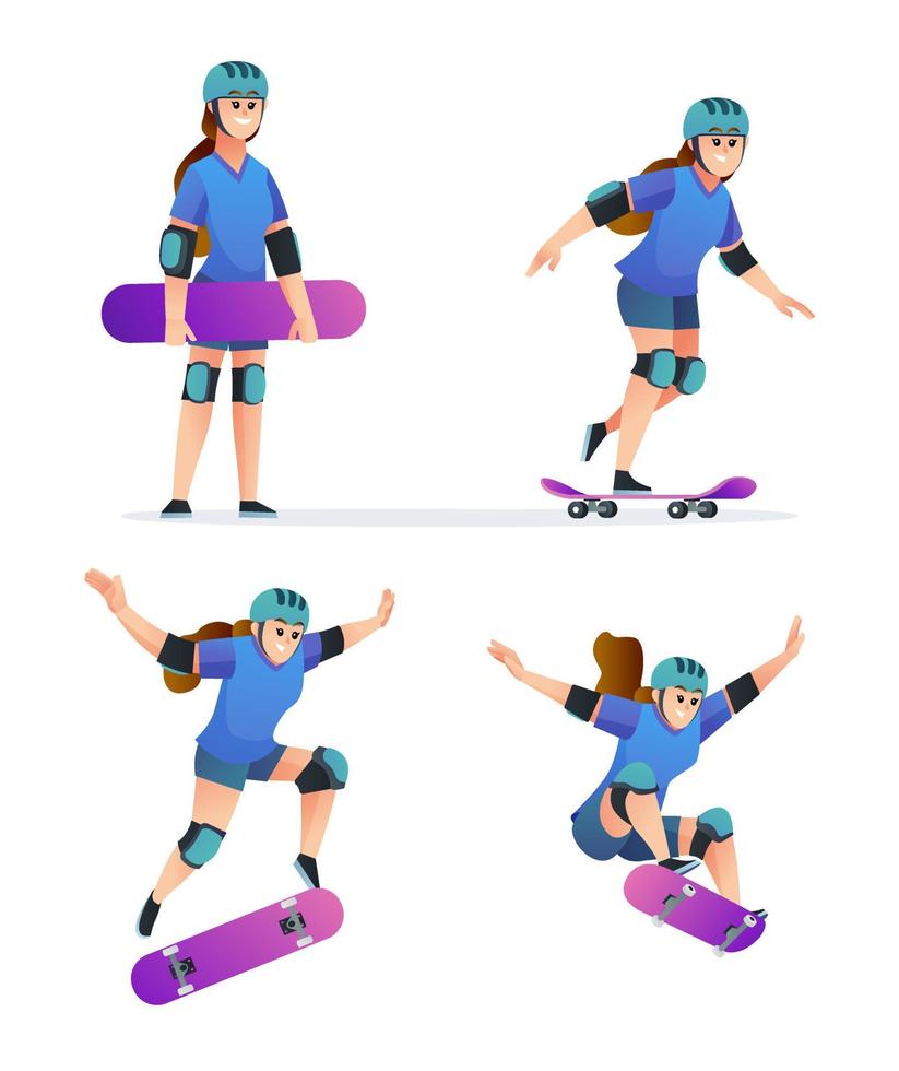 conjunto de niña jugando patineta en varias poses ilustración vector
