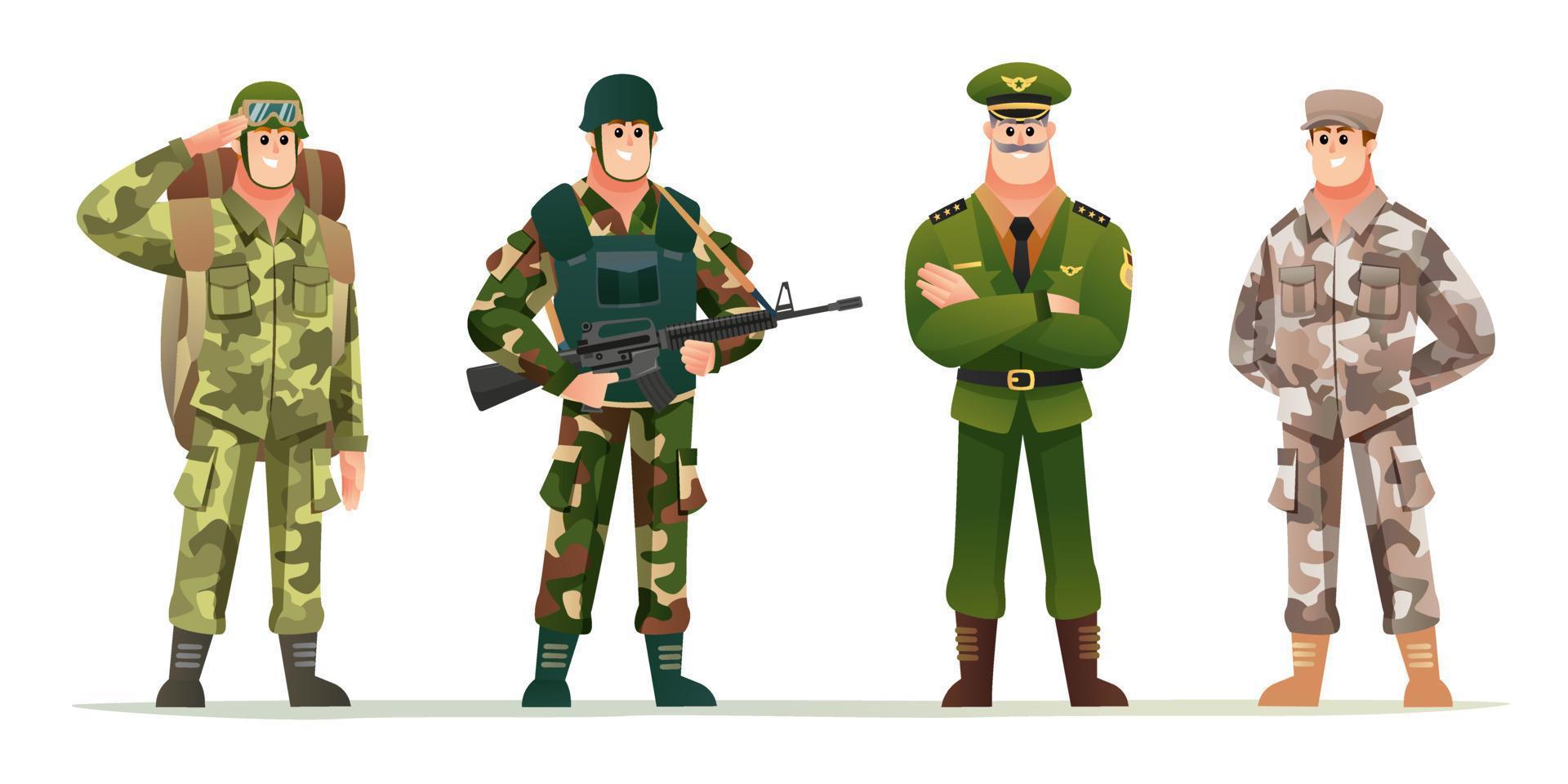 capitán del ejército con soldados en varios uniformes de camuflaje juego de caracteres vector
