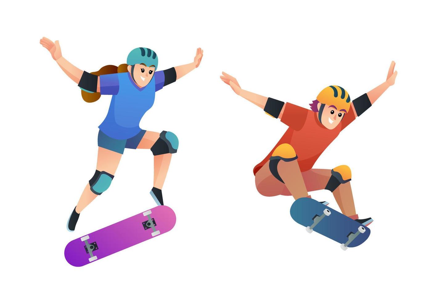 Set of happy young boy and girl skateboarding in jumping pose illustration vector