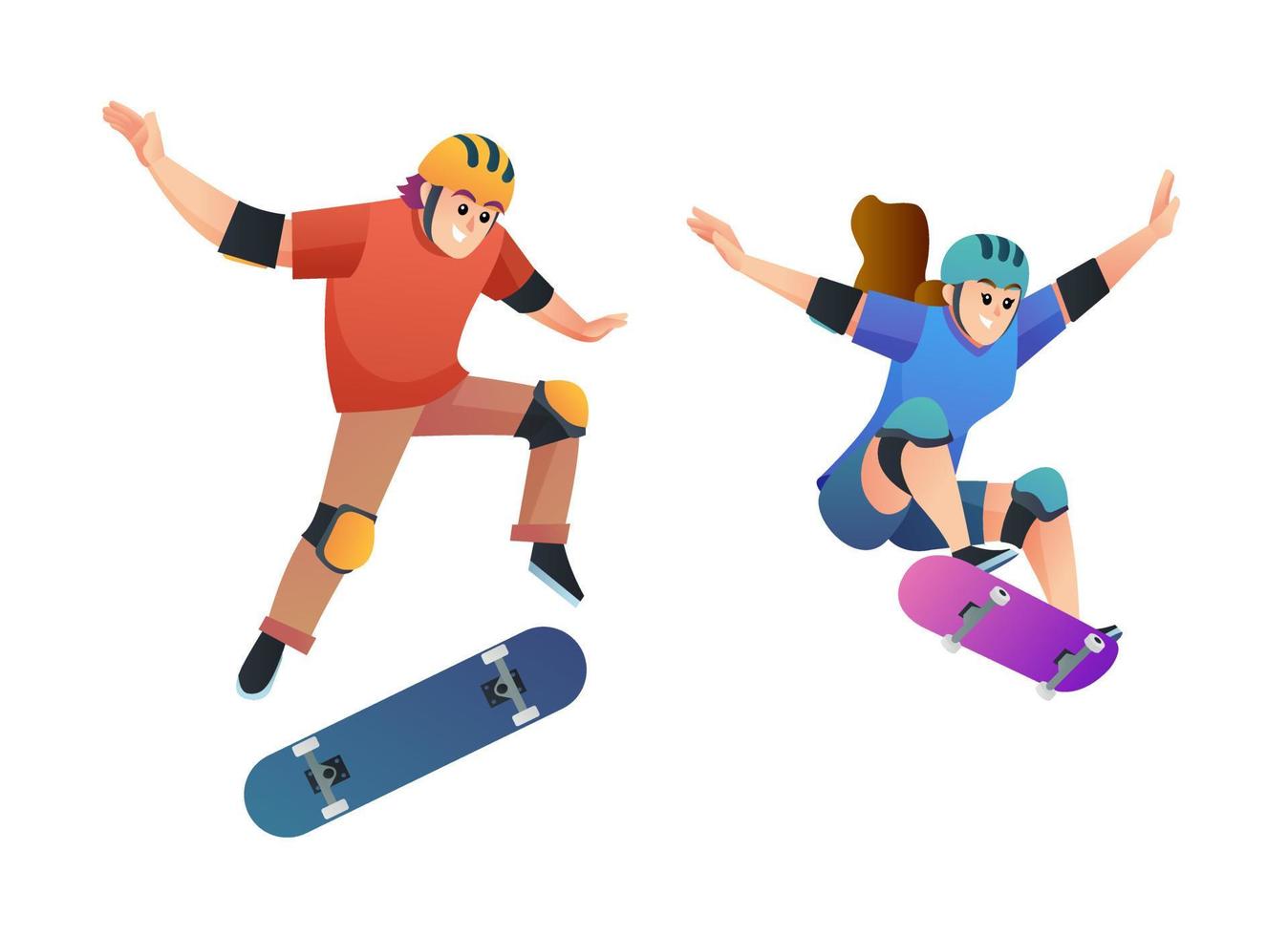 Set of young boy and girl skateboarding in jumping pose illustration vector