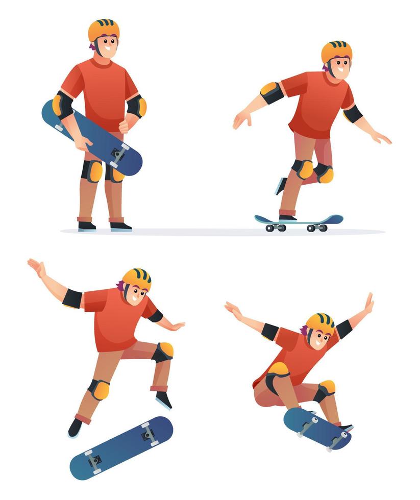 Set of young boy playing skateboard in various poses illustration vector