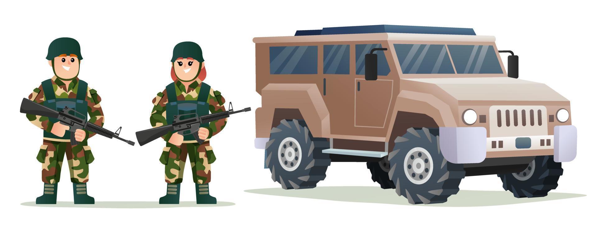 Cute little boy and girl army soldiers holding weapon guns with military vehicle cartoon illustration vector