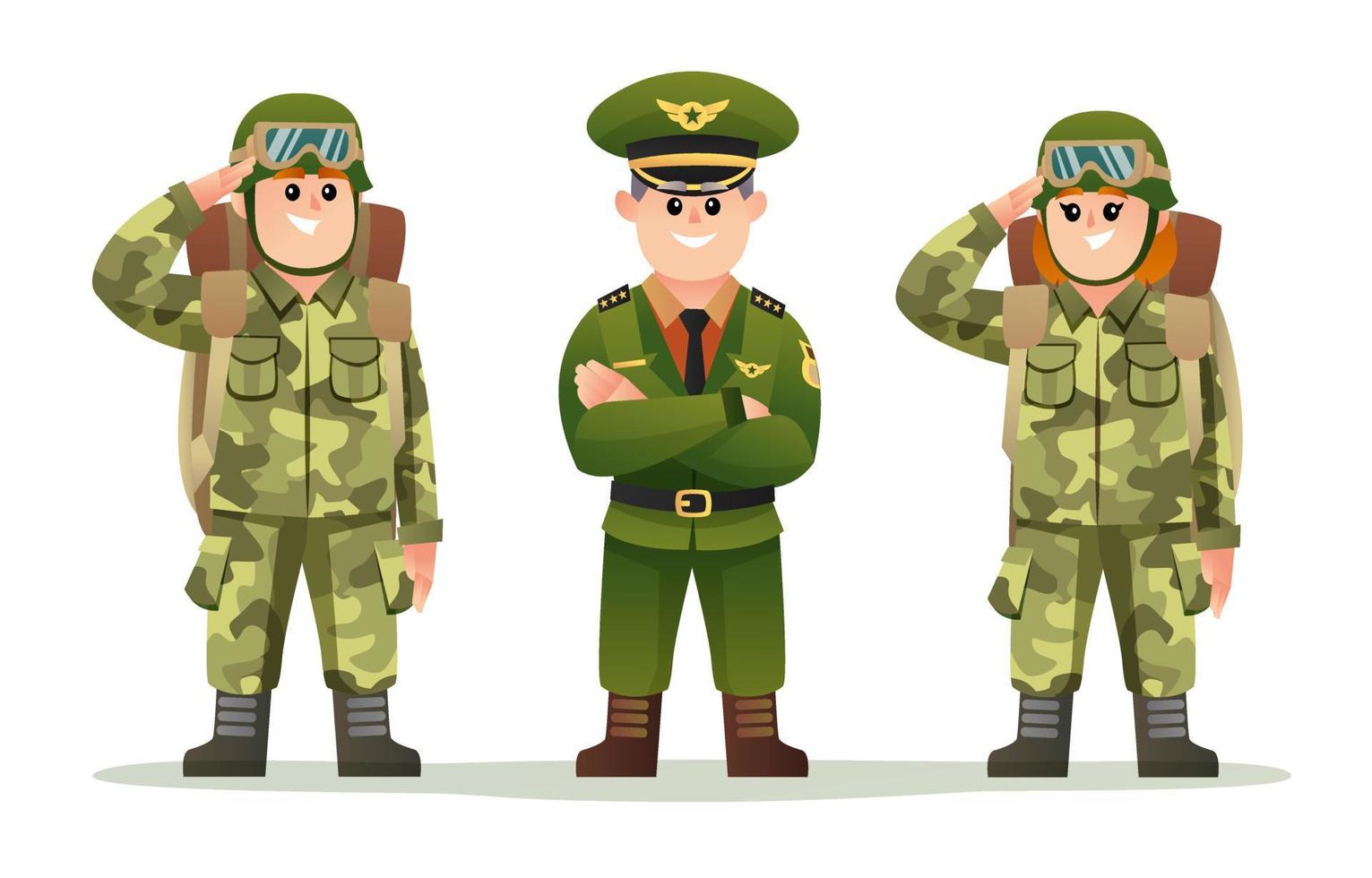 lindo capitán del ejército con soldados masculinos y femeninos que llevan un juego de caracteres de mochila vector