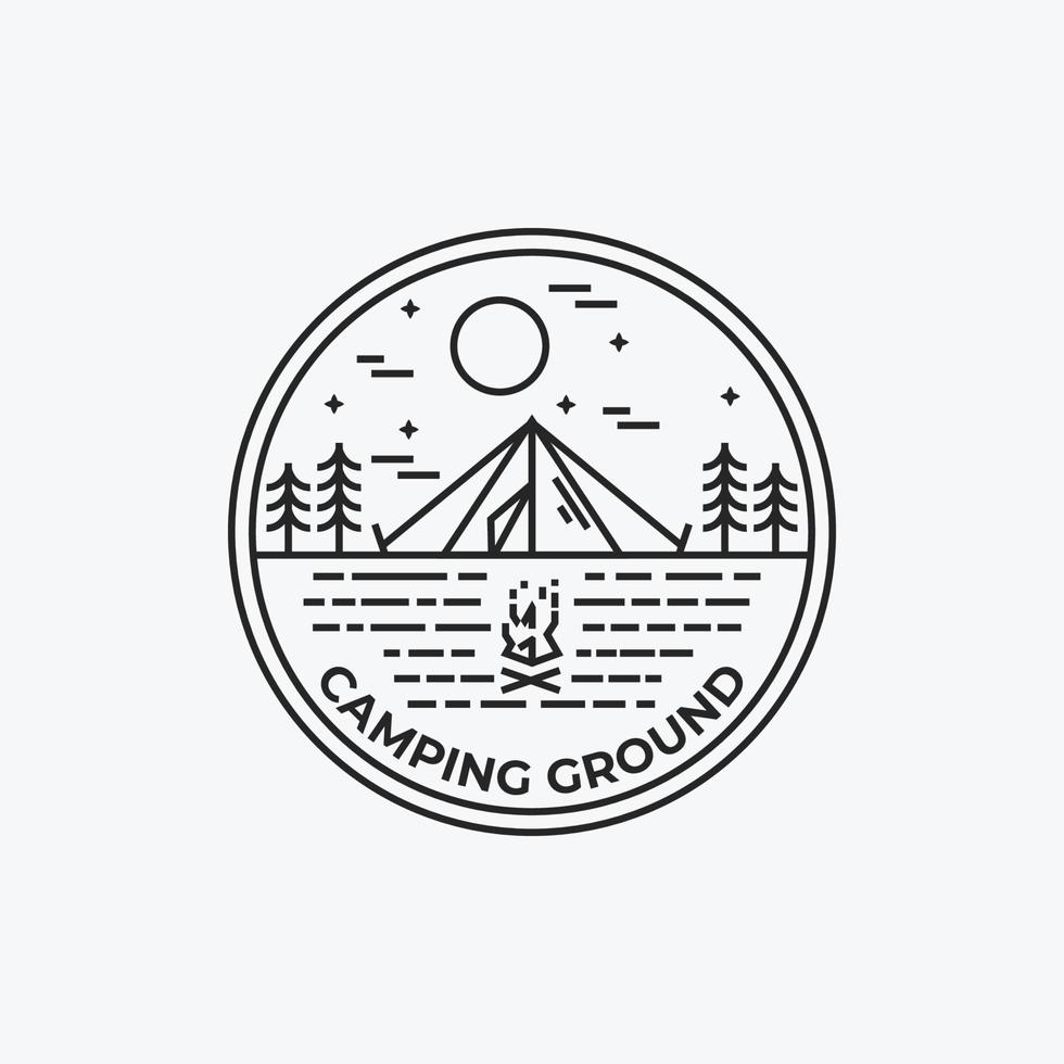 diseño de ilustración vectorial del esquema del logotipo exterior del campamento, logotipo de la insignia camping arte de línea exterior vector