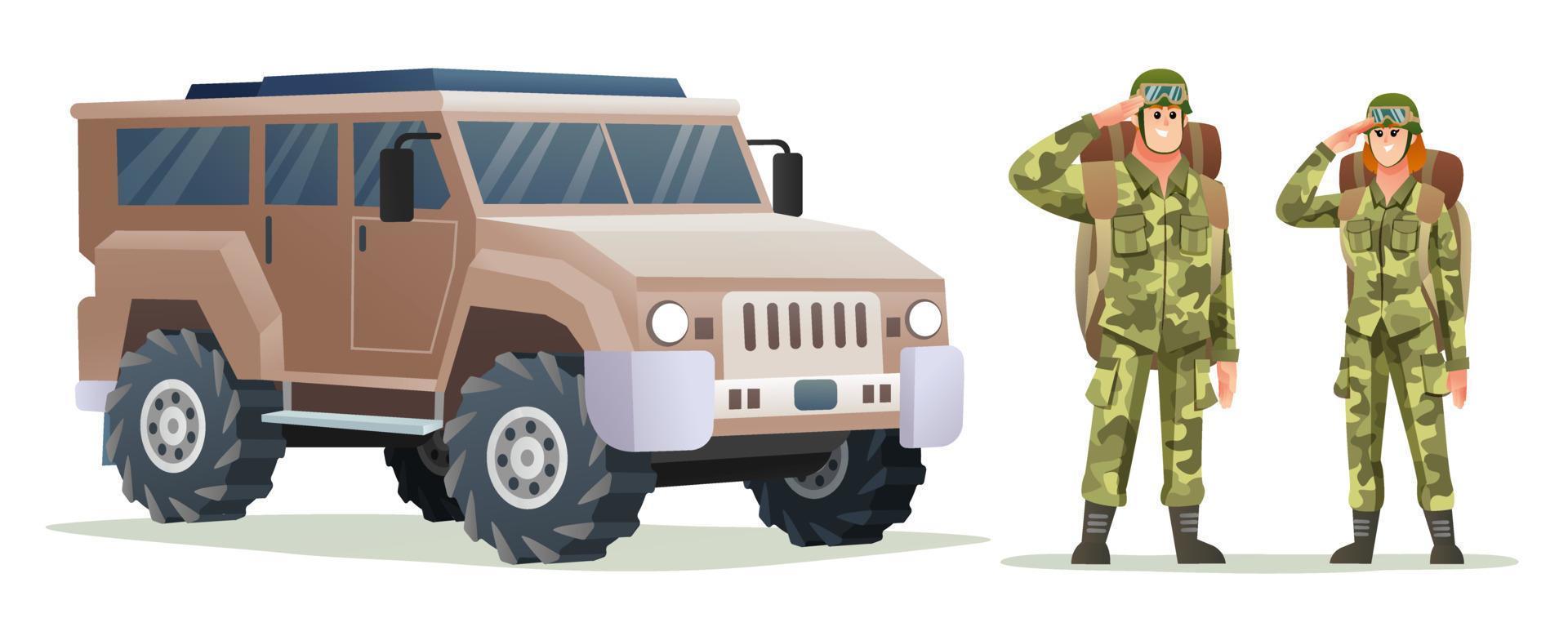 hombre y mujer soldado del ejército que llevan personajes de mochila con vehículo militar vector