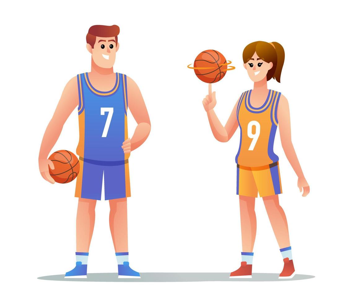 conjunto de caracteres de jugador de baloncesto masculino y femenino joven vector