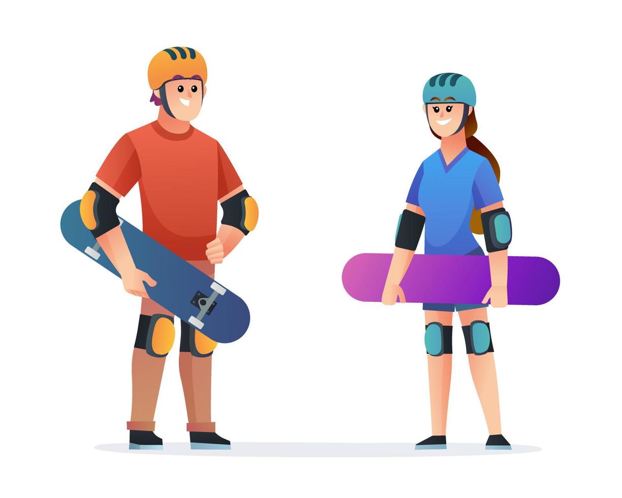 Young boy and girl skateboarder character set vector