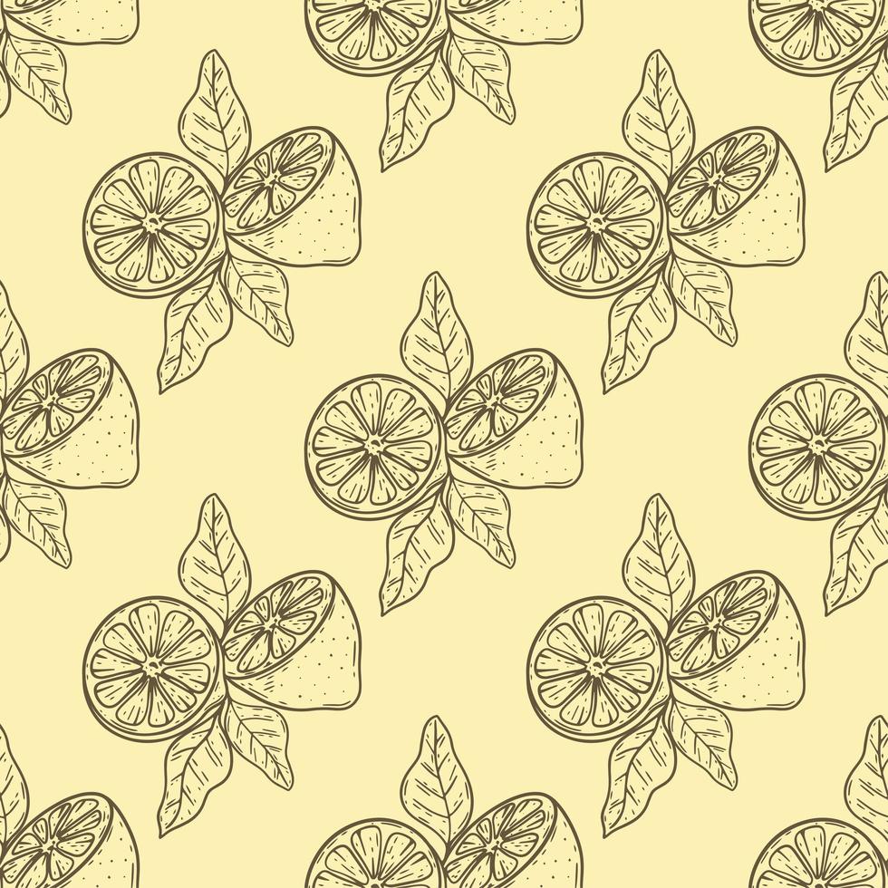Lemon halves with leaves seamless pattern sketch vector