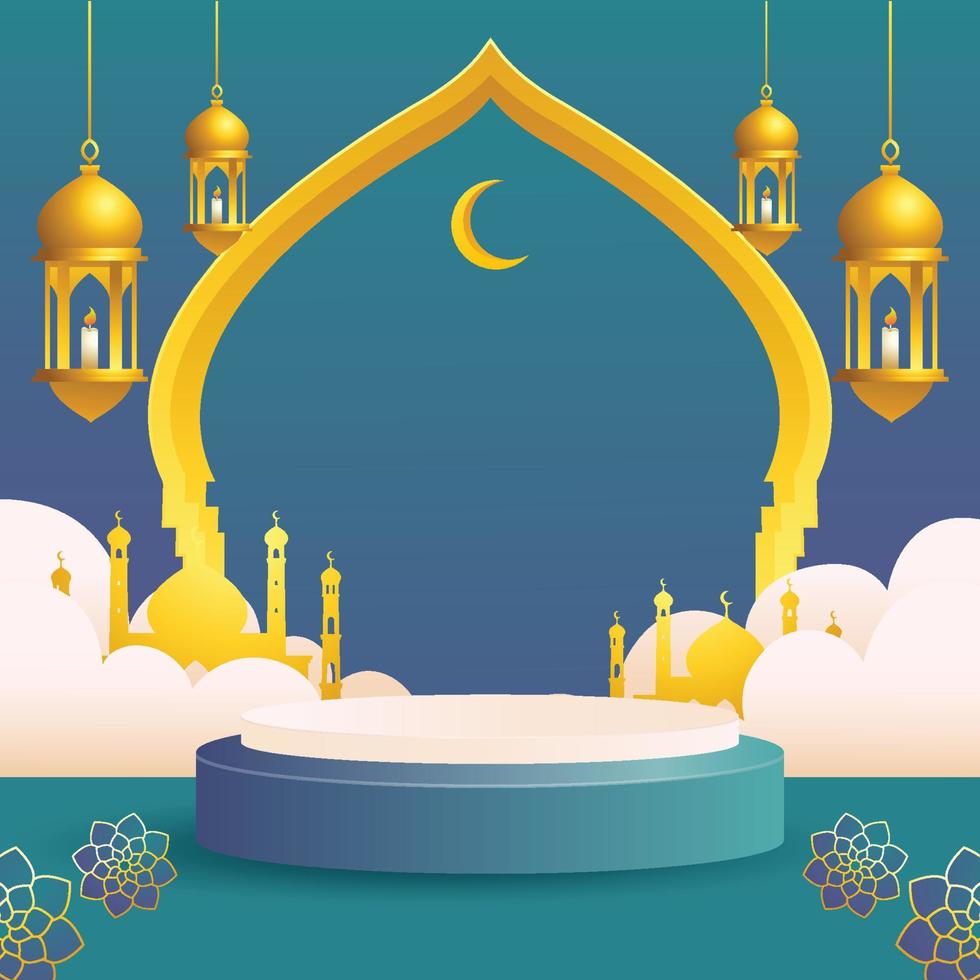 3d blue and gold islamic style ramadan kareem themed square background podium for product display product showcase on pedestal vector