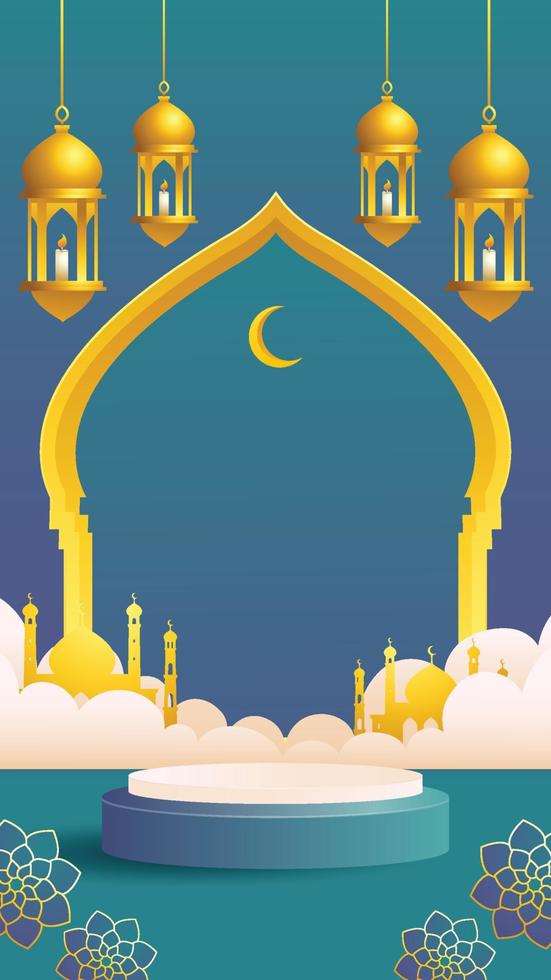 Podio de fondo de historia de redes sociales con tema de ramadan kareem de estilo islámico azul y dorado 3d para exhibición de productos exhibición de productos en pedestal vector