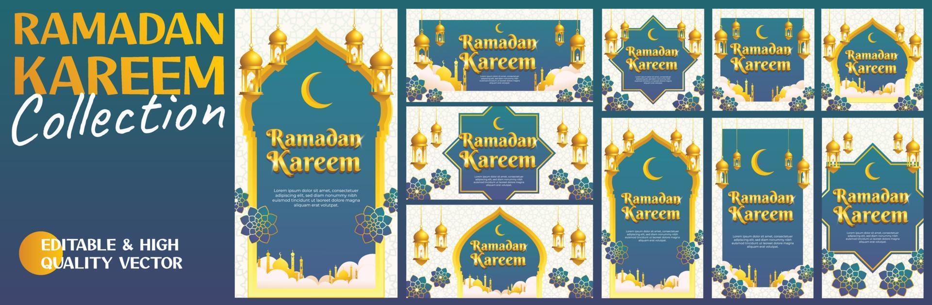 tarjeta de felicitación de ramadán kareem de estilo islámico de oro azul, fondo, banner horizontal y plantilla de historia de medios sociales. incluyendo elemento de ramadán como linterna, mezquita y patrón árabe. paquete mega conjunto vector