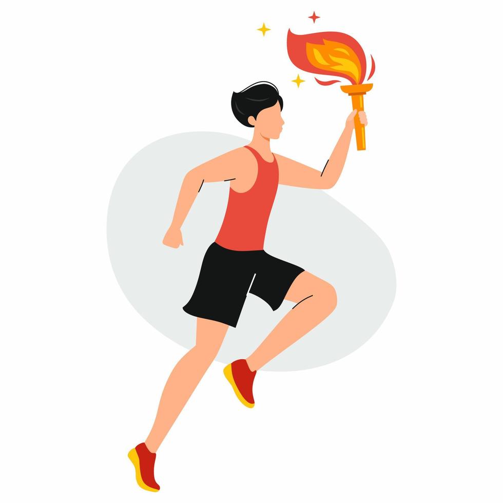 el hombre corre y sostiene la llama olímpica en sus manos. carácter vectorial en estilo plano. atleta es campeón. vector