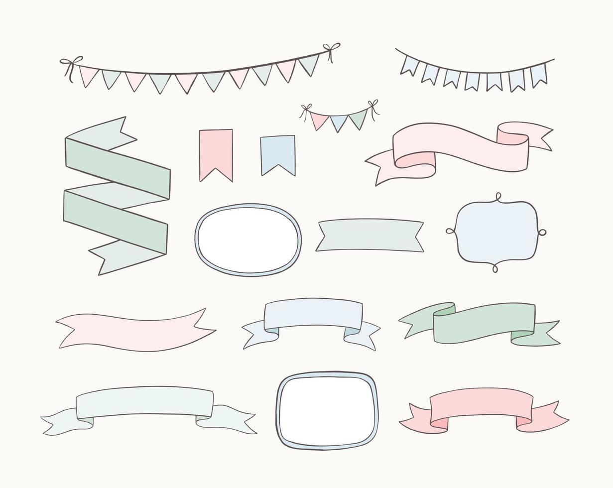 Set of hand drawn design elements. Vector doodle banners, ribbons, frames, bunting banners in cartoon style. Wedding invitations, greeting cards, posters and other.