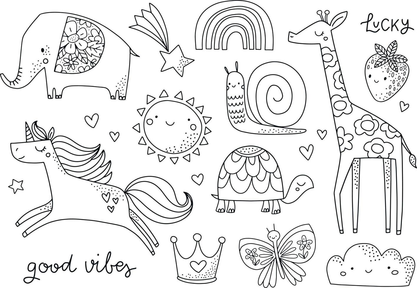 Cute hand drawn childish illustration in black and white. Kids coloring pages. Animal, fairytale, summer characters for kids and baby. Elephant, unicorn, giraffe, sun, rainbow, snail, butterfly. vector