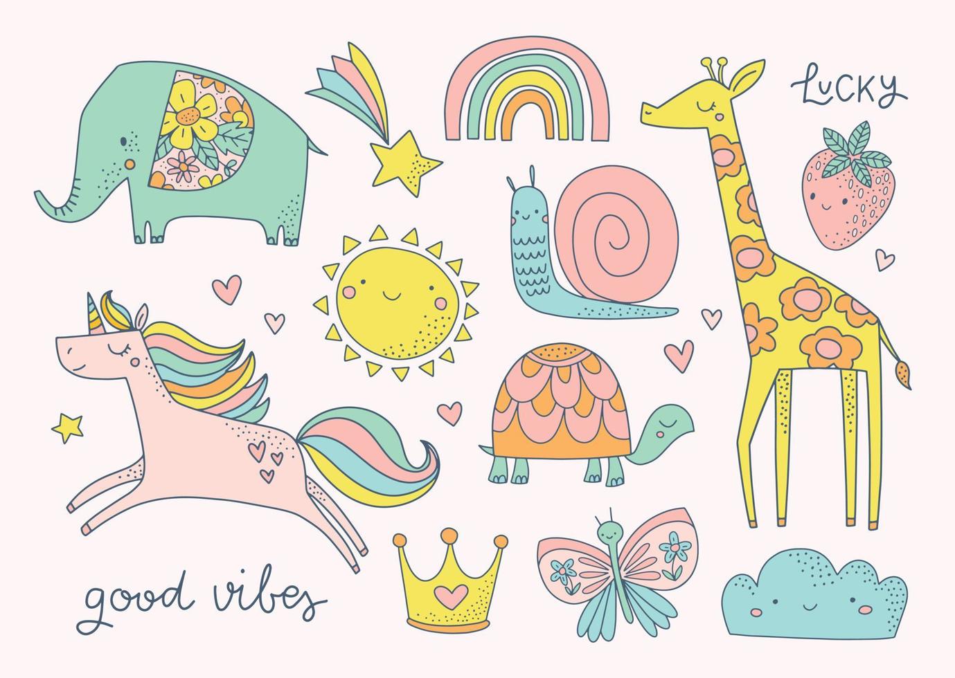 Set of cute hand drawn childish illustration. Animal, fairytale, summer characters for kids and baby. Elephant, unicorn, giraffe, sun, rainbow, snail, butterfly. Posters, greeting cards, apparel. vector