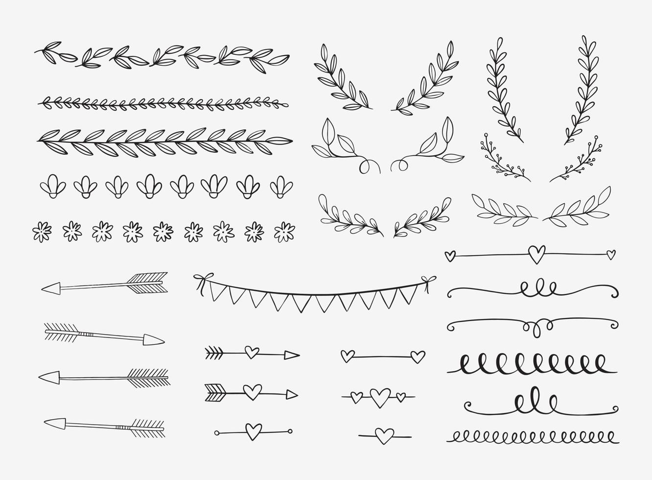 elementos de diseño dibujados a mano por vectores. estandartes de garabatos antiguos, cintas, divisores, remolinos, flechas. vector