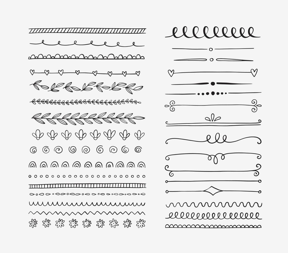 divisores vectoriales dibujados a mano. conjunto de líneas, bordes y laureles. elementos de diseño de garabatos. vector