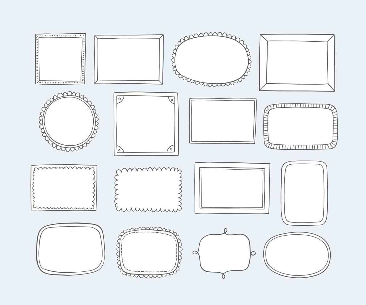 Set of hand drawn frames and labels. Doodle vector design elements. Cartoon style.