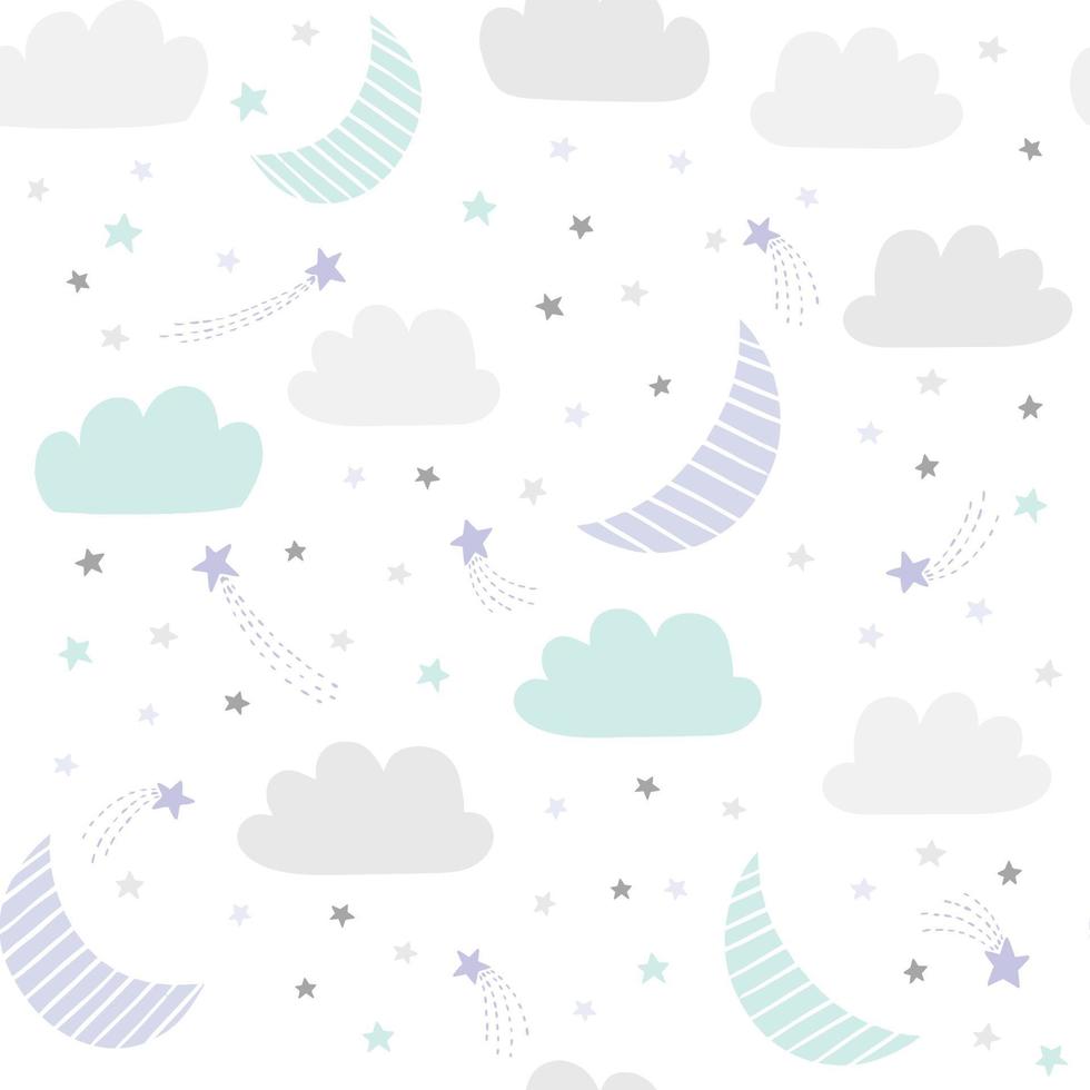 Moon and stars vector pattern. Night sky, cosmos, space seamless background in light pastel colors.
