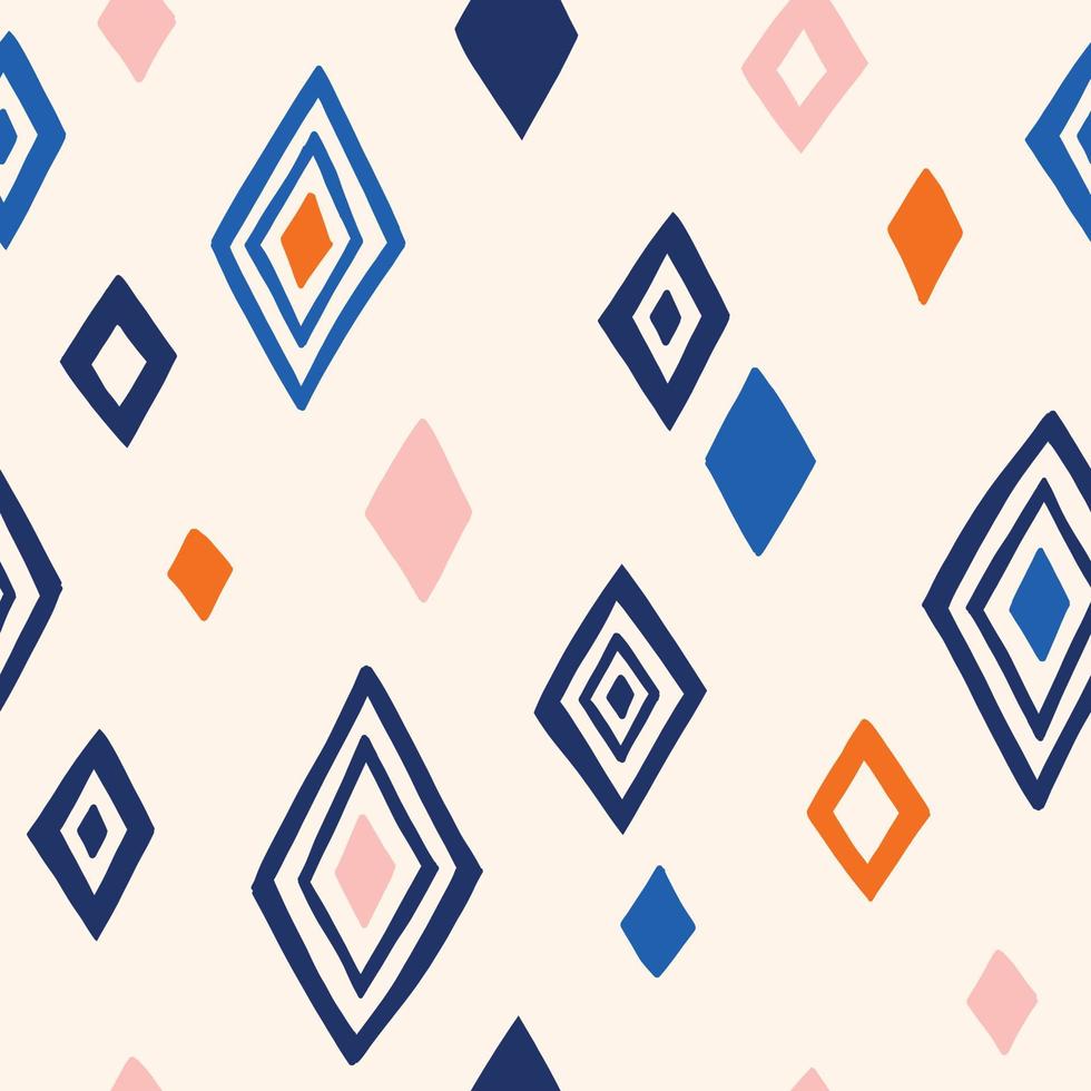 Cute diamond rhombus shape vector seamless pattern. Hand drawn doodle tileable background with abstract geometric shapes in blue, navy, pink and orange.