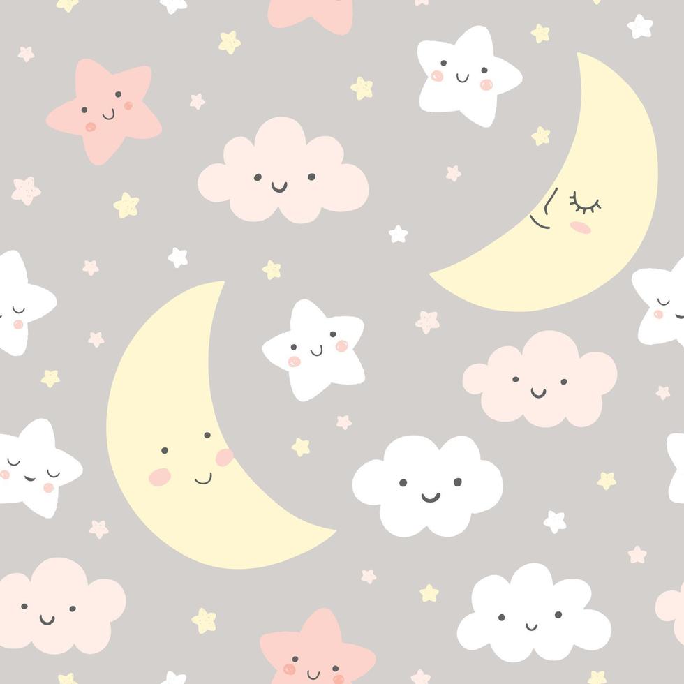 Night sky vector pattern. Cute smiling moon, stars, clouds seamless background. Baby print in soft, pastel colors.