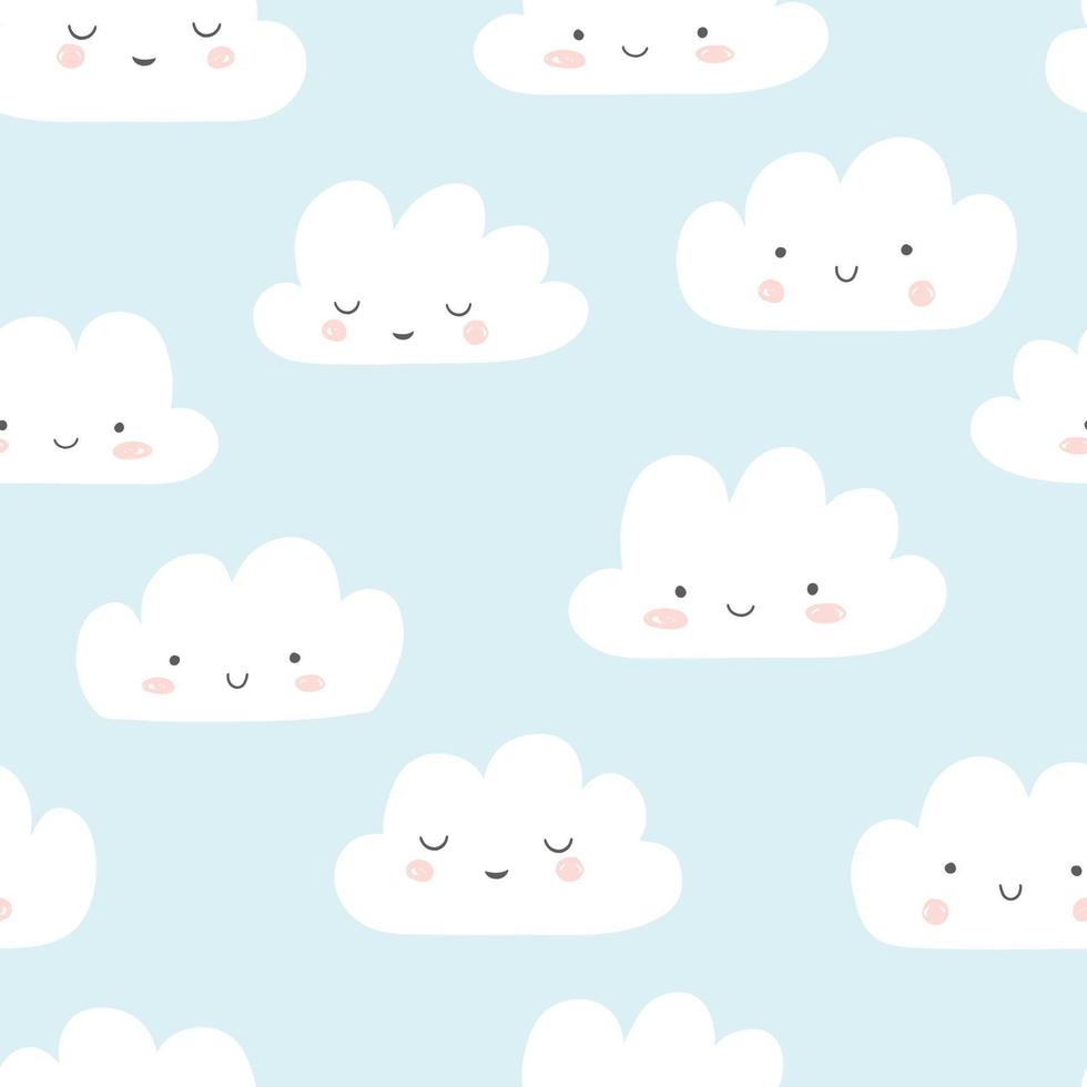 Smiling clouds vector pattern. Cute sky seamless background. Hand drawn illustration for babies, kids.