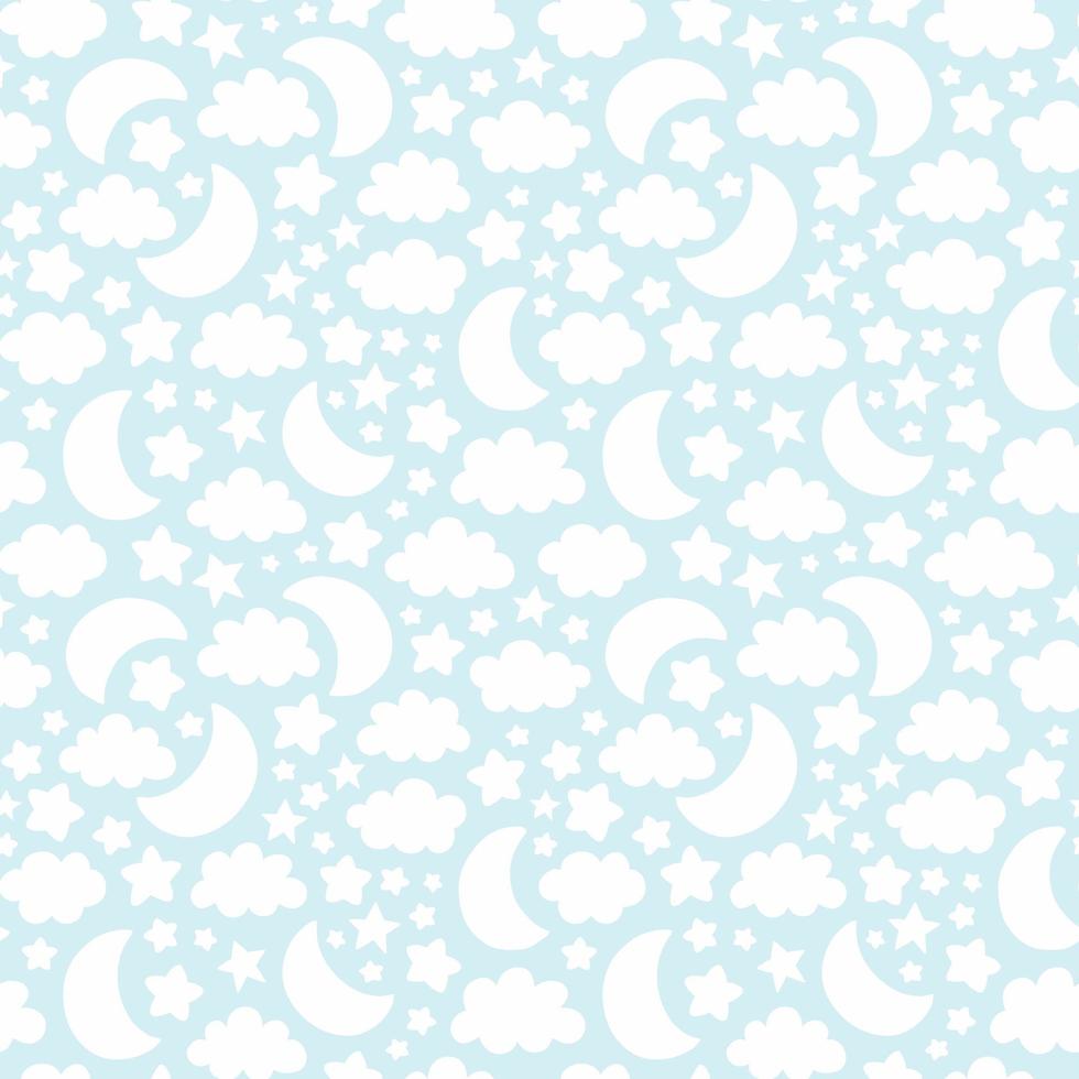 Vector seamless pattern with moon, cloud and stars silhouettes. Cute baby, children background illustration.