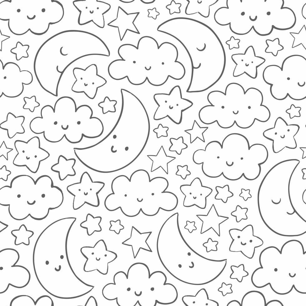 ute, funny vector pattern with smiling moon, stars and clouds. Hand drawn linear night sky seamless background.