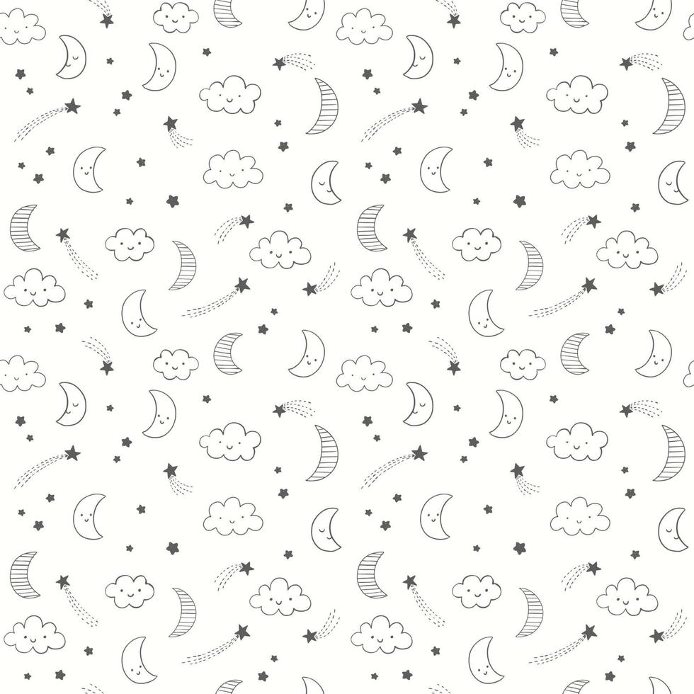 Hand drawn night sky vector pattern with smiling moon, stars and clouds. Cute linear night sky seamless background.