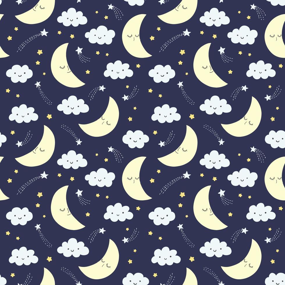 Hand drawn night sky vector pattern with smiling moon, stars and clouds on a dark background. Cute night sky seamless background.