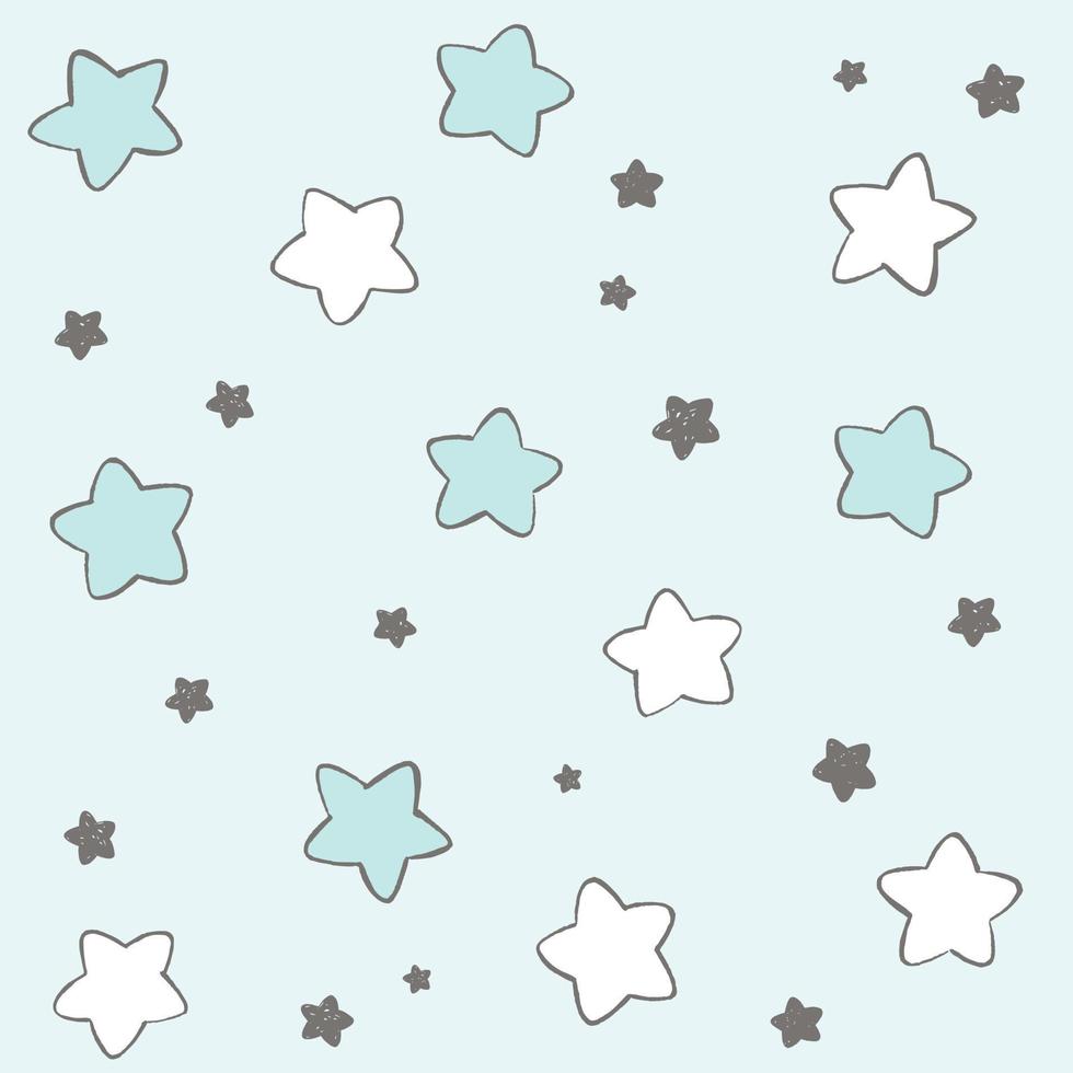 Hand drawn stars vector pattern in pastel blue. Night sky seamless background. Print design for boy baby shower or nursery.