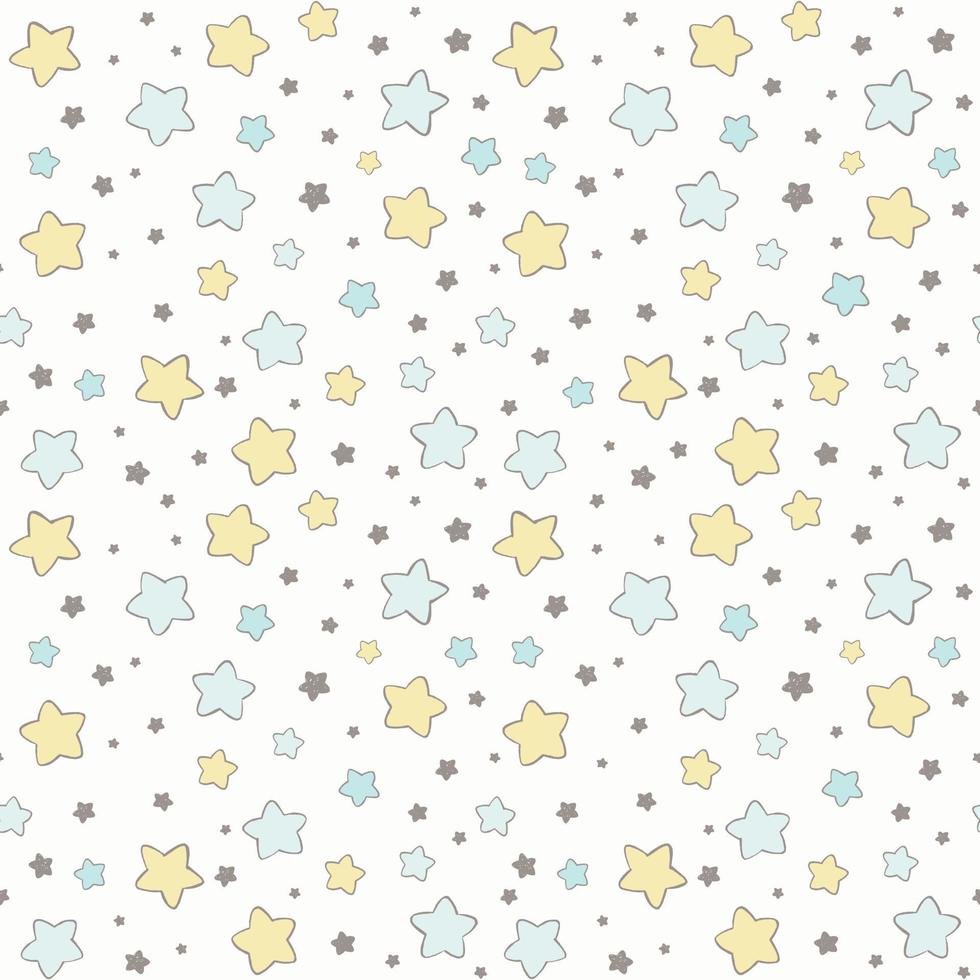 Stars vector pattern. Hand drawn abstract cute seamless background in blue and yellow.