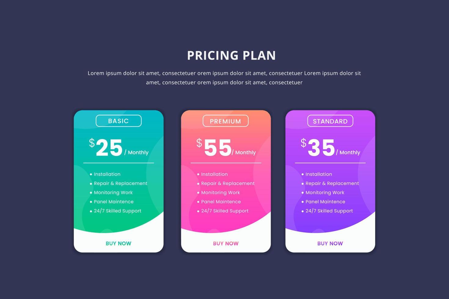 concepto de tabla de precios en diseño vectorial realista. plan o precio de suscripción del elemento web ui. plantilla de interfaz de marketing o promoción del sitio web. tabla comparativa de productos. presentación de plantilla. diseño web vector