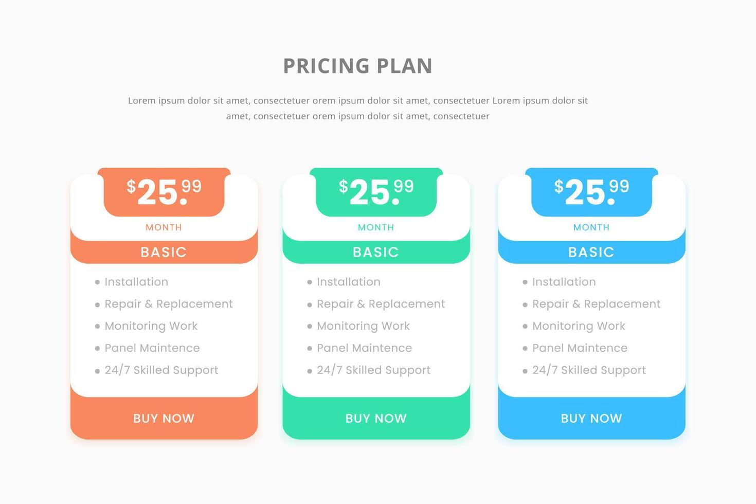 Price table concept in realistic vector design. Web ui element subscription price or plan. Website marketing or promotion interface template. Product comparison table. template presentation. web desig