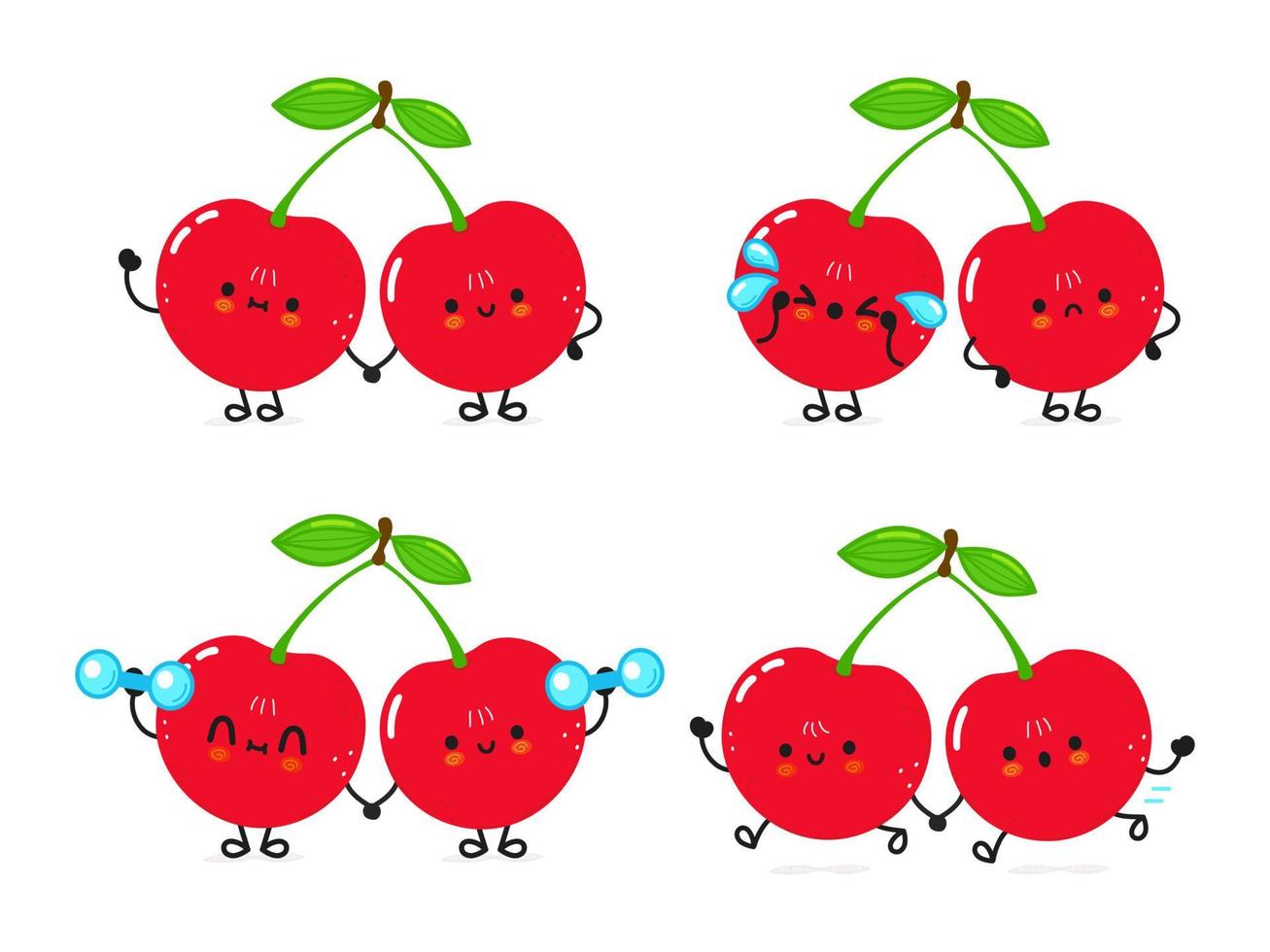 Funny cute happy cherry characters bundle set. Vector hand drawn doodle style cartoon character illustration icon design. Cute cherry mascot character collection emoji,child,baby,face,adorable,kids