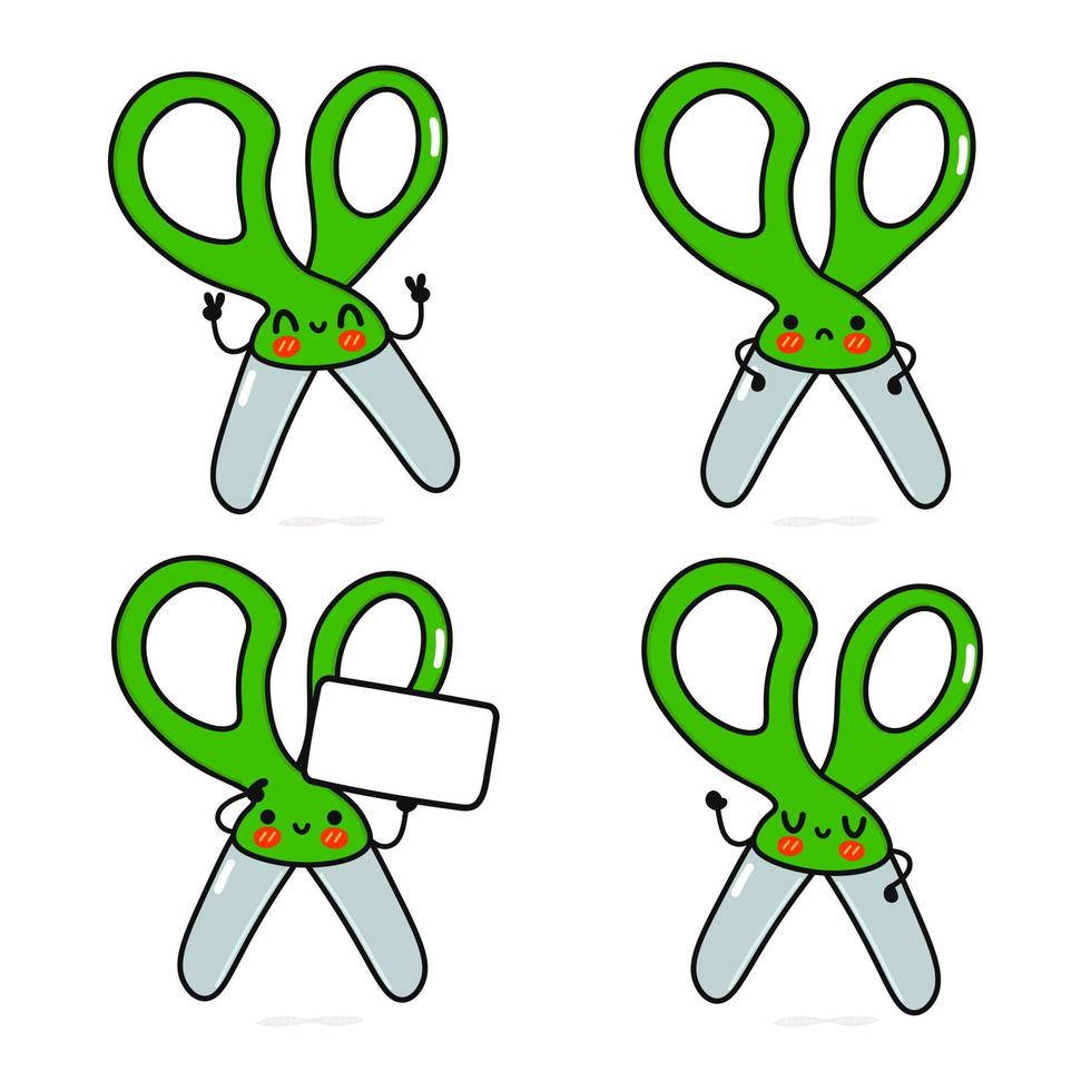 Funny cute happy scissors characters bundle set. Vector hand drawn doodle style cartoon character illustration icon design. Isolated on blue background. Cute scissors mascot character collection