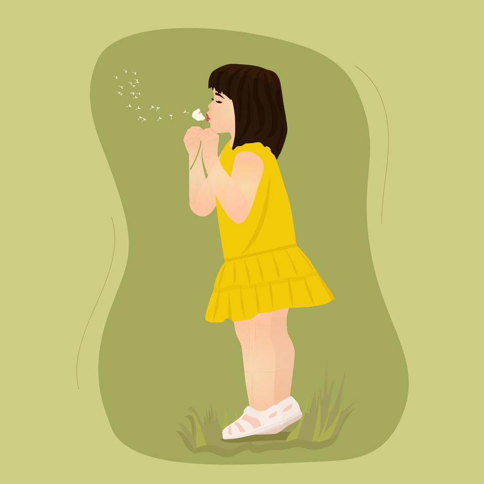 Little girl in yellow dress blowing on a dandelion. vector
