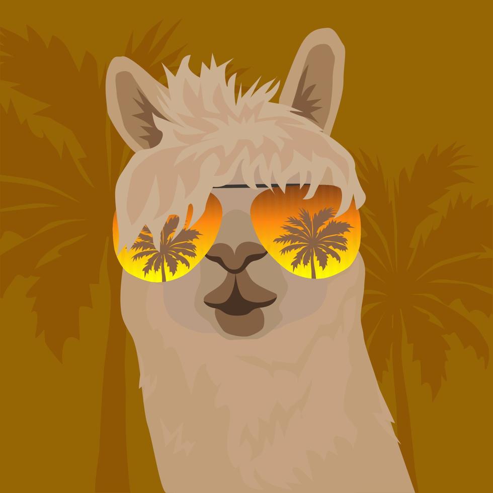 llama con flequillo con gafas de sol que reflejan palmeras. vector