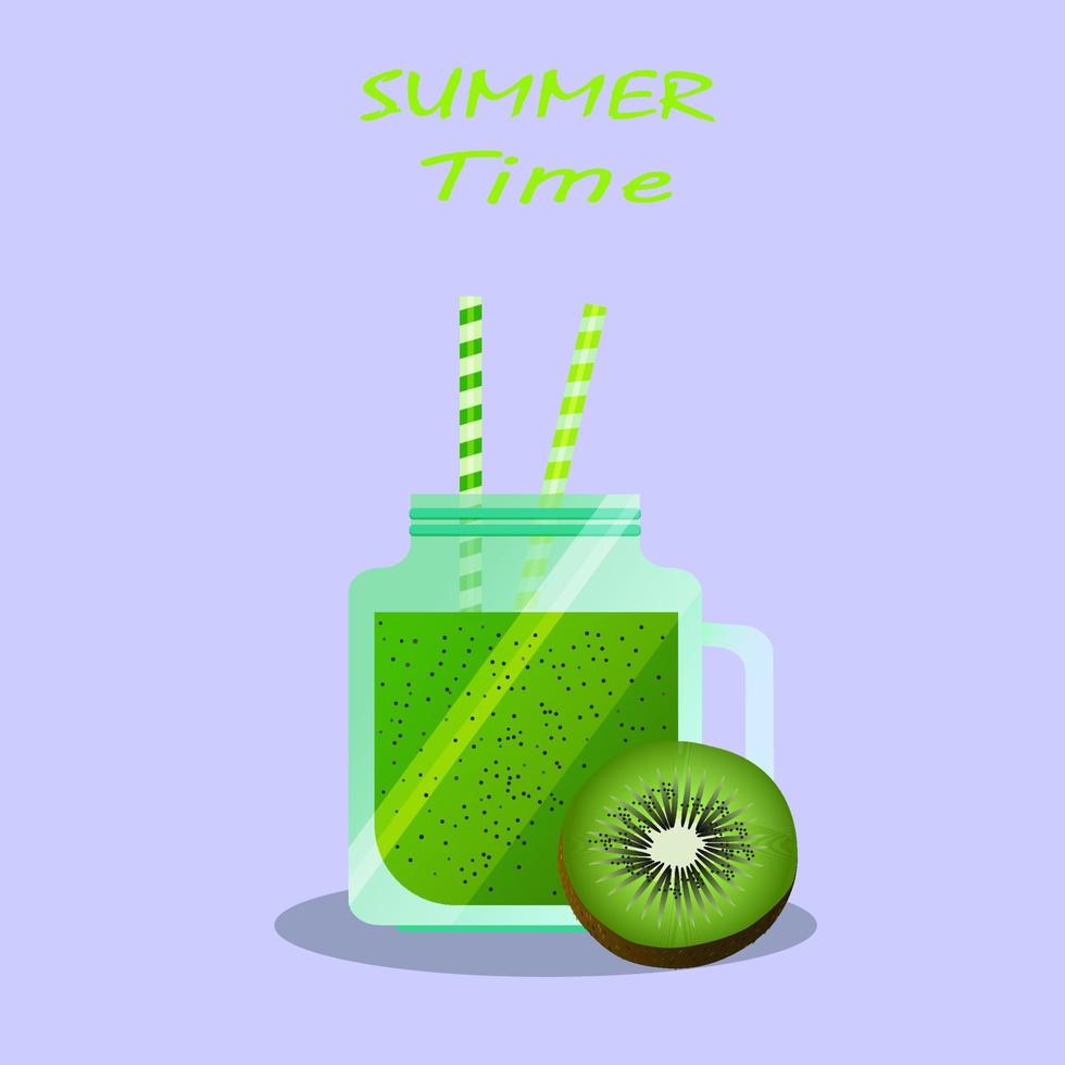 Kiwi smoothie in mason jar with striped straws. vector