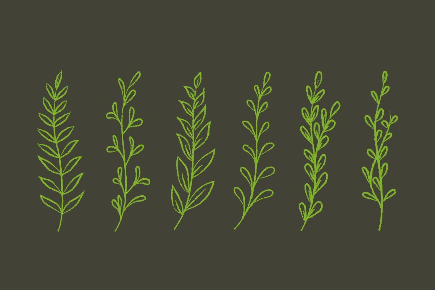conjunto de plantas verdes dibujadas a mano con textura de lápiz. vector