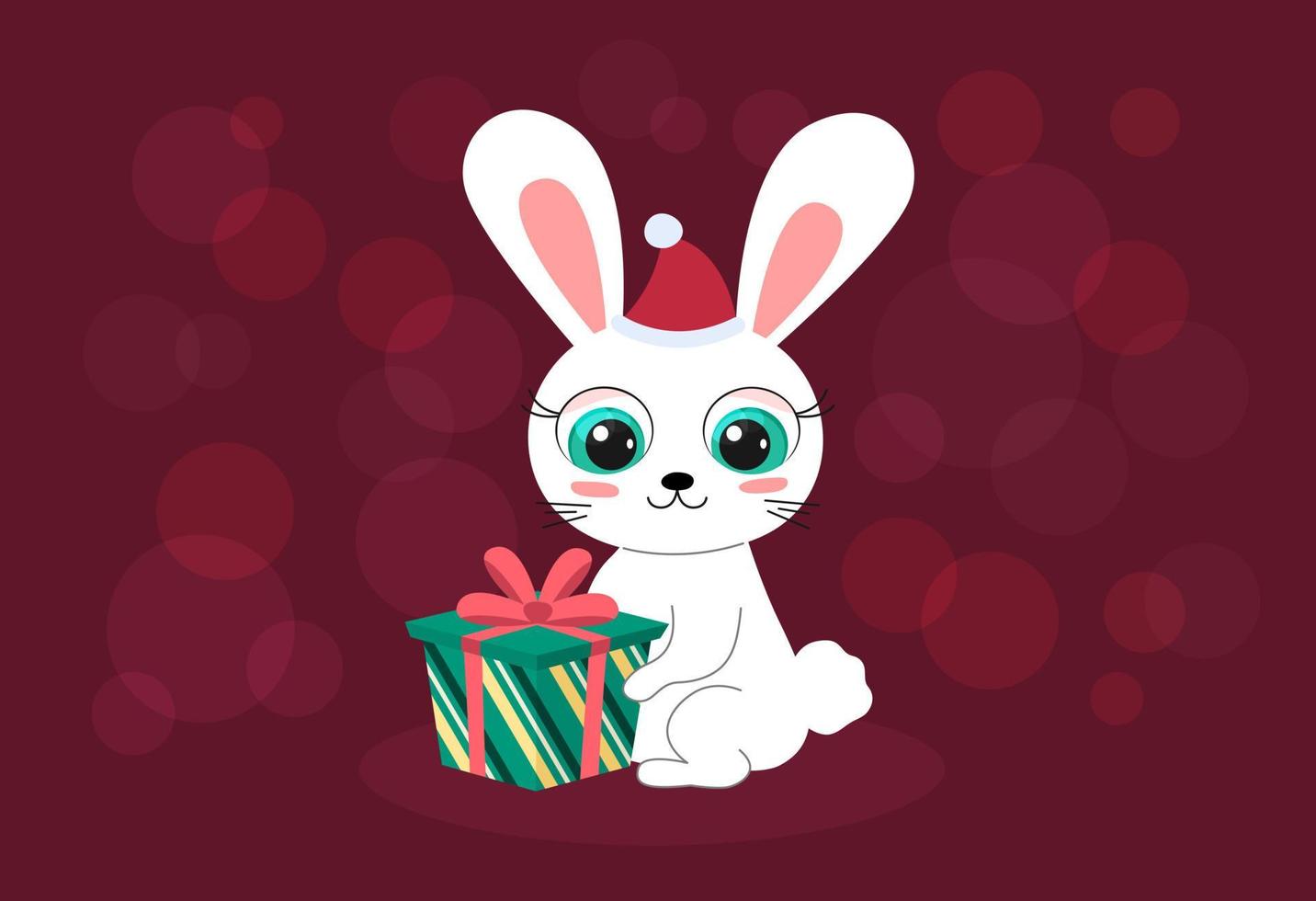 Happy New Year 2023 greeting card. Cute cartoon rabbit with colorful Christmas gift box. Funny bunny character sits and smiles. 2023 Year of Rabbit. Vector flat illustration